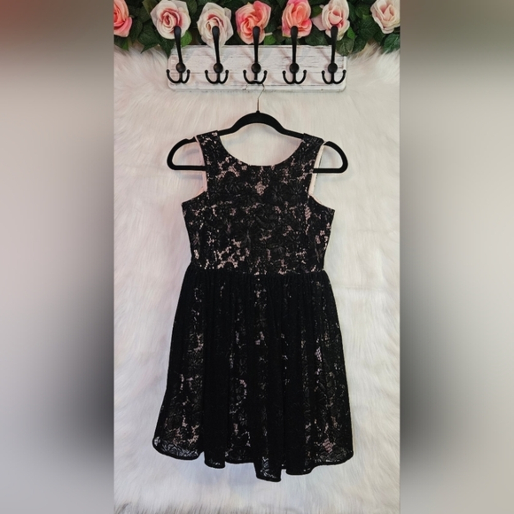 Bardot Junior Black Velvet Lace Layered Fit and Flare Dress